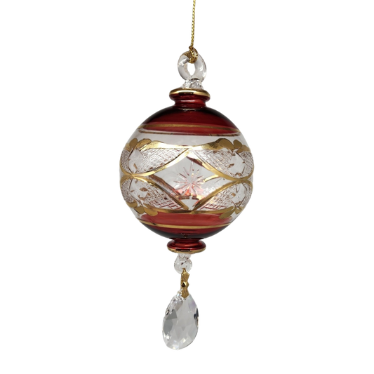 Etched Blown Glass Ball with Crystal Dangle - Red - Tampa Home & Garden Store