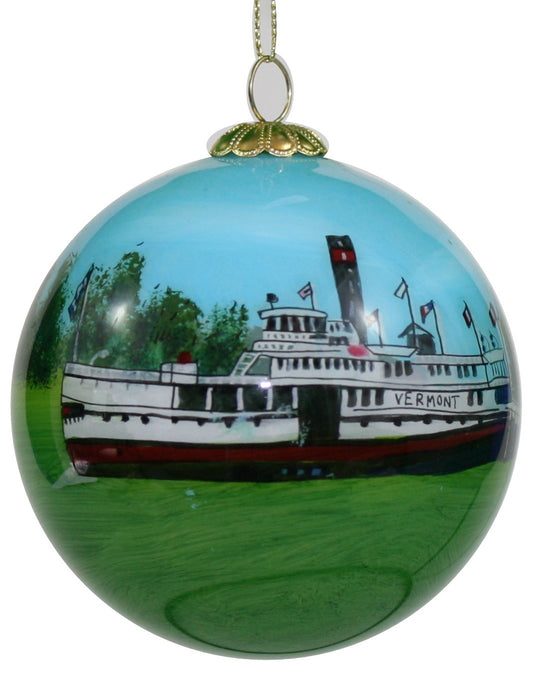 Adorno de globo de vidrio pintado a mano - Barco de vapor Ticonderoga en el Museo Shelburne