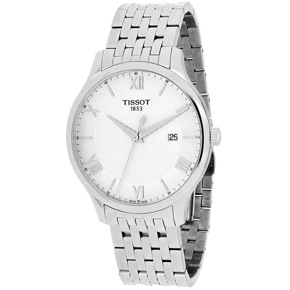 Men's Tissot Tradition stainless steel watch with silver dial and date window on Tampa Home & Garden Store