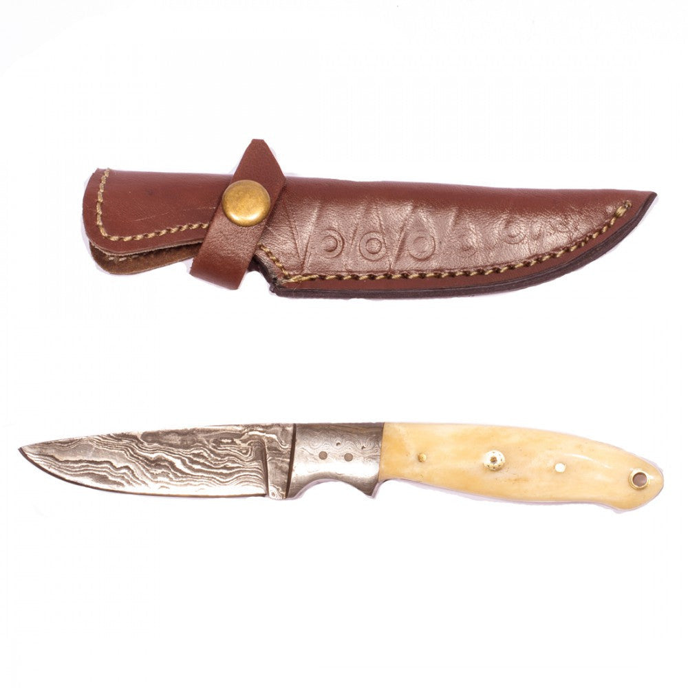 TD-003 Titan knife with Damascus blade and bone handle, brown leather sheath on Tampa Home & Garden Store