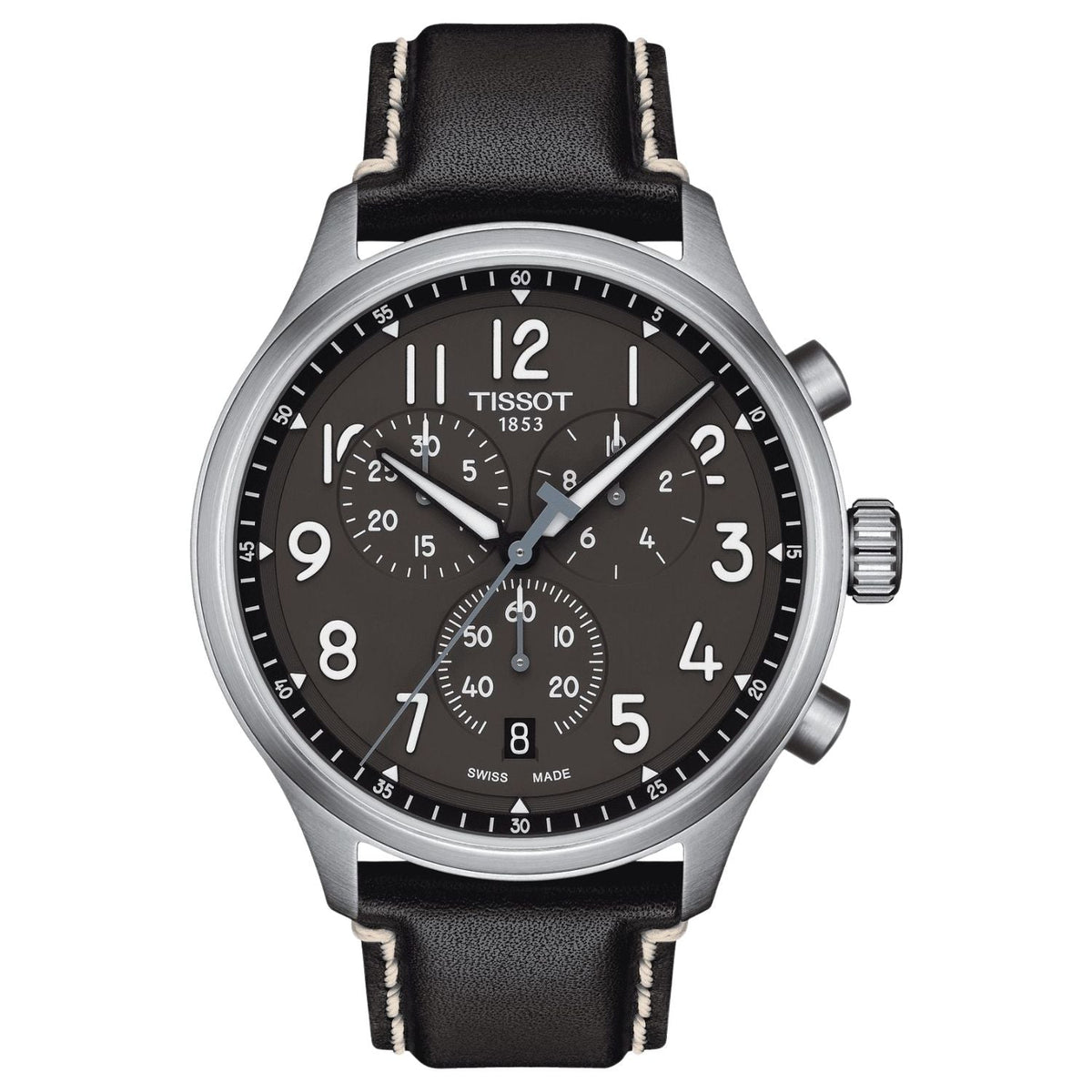 Tissot Men's T-Sport chronograph watch with dark gray dial and white numerals, leather strap on Tampa Home & Garden Store