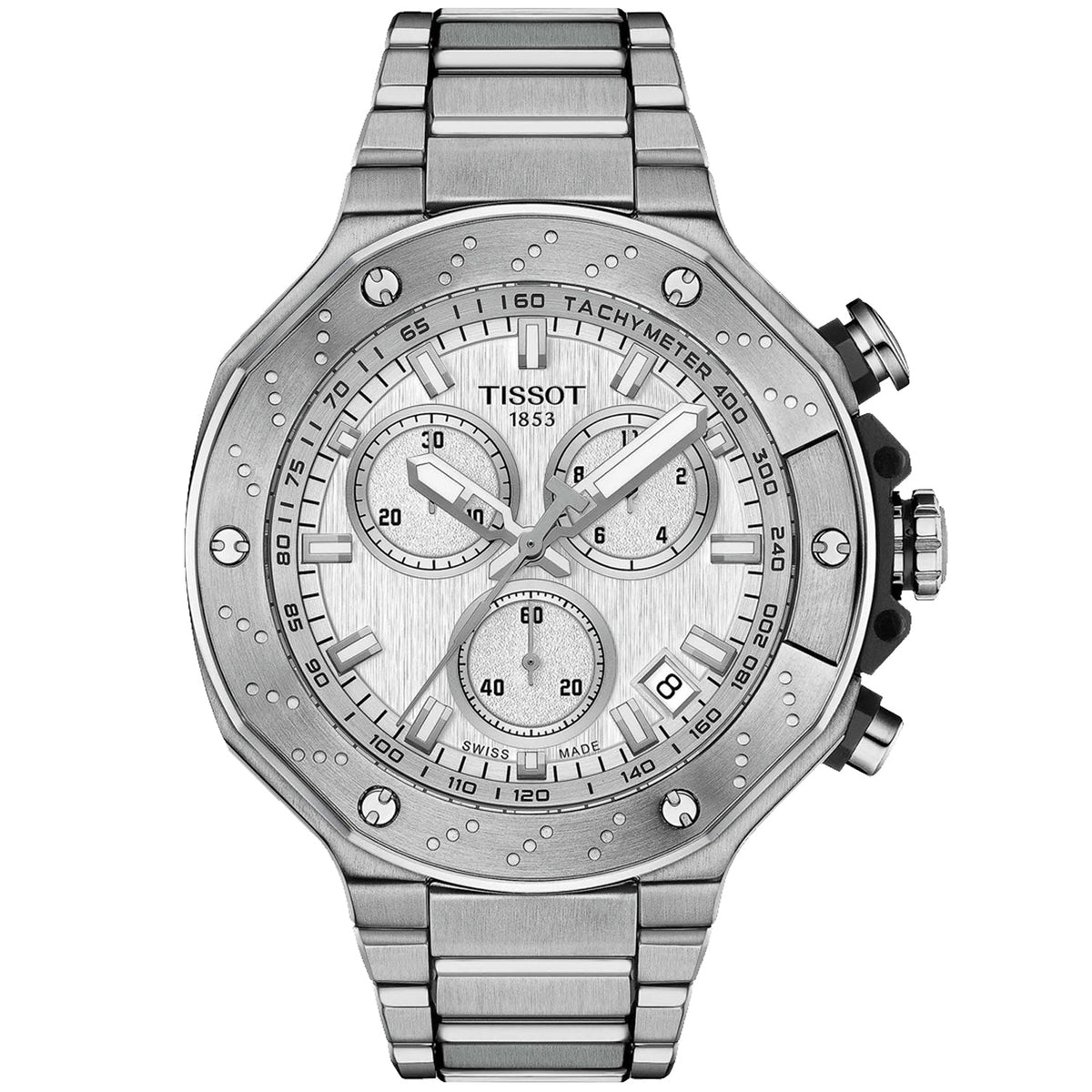 Watch: Tissot men's T-Race chronograph in stainless steel with silver dial and tachymeter bezel on Tampa Home & Garden Store
