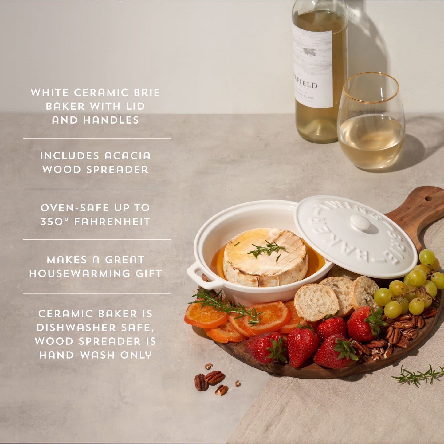 Ceramic Brie Baker and Acacia Wood Spreader Set