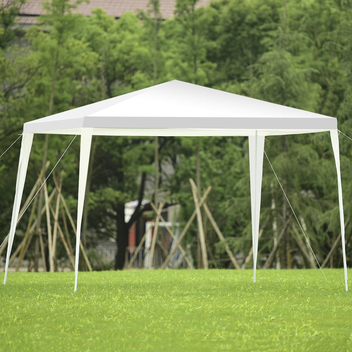 10x10 ft canopy tent GemGear white frame with stakes on lawn on Tampa Home & Garden Store