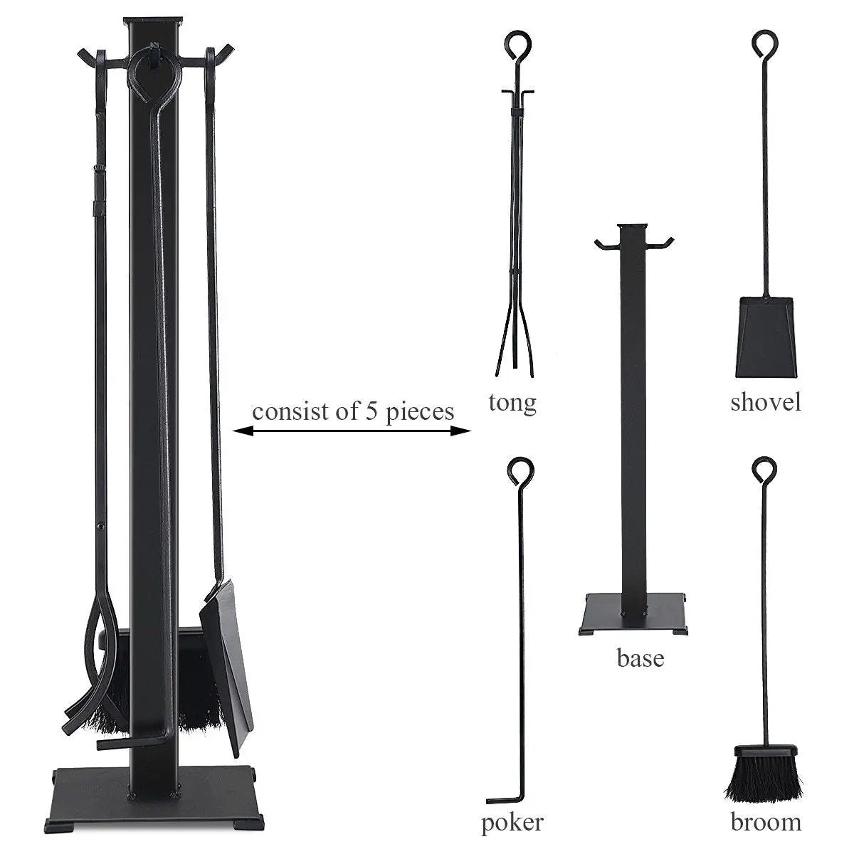 5 Piece Iron Fireplace Tool Set With Tongs