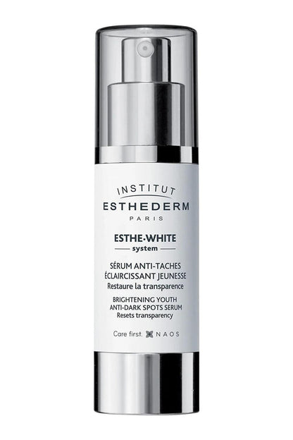 Face Serum Esthe-White whitening serum by Institut Esthederm, white bottle with silver pump on Tampa Home & Garden Store