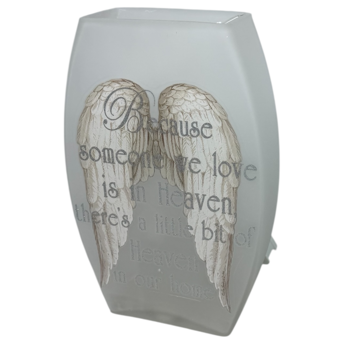 Lighted gray vase with silver lettering and angel wings on Tampa Home & Garden Store
