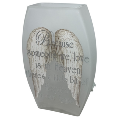 Lighted gray vase with silver lettering and angel wings on Tampa Home & Garden Store