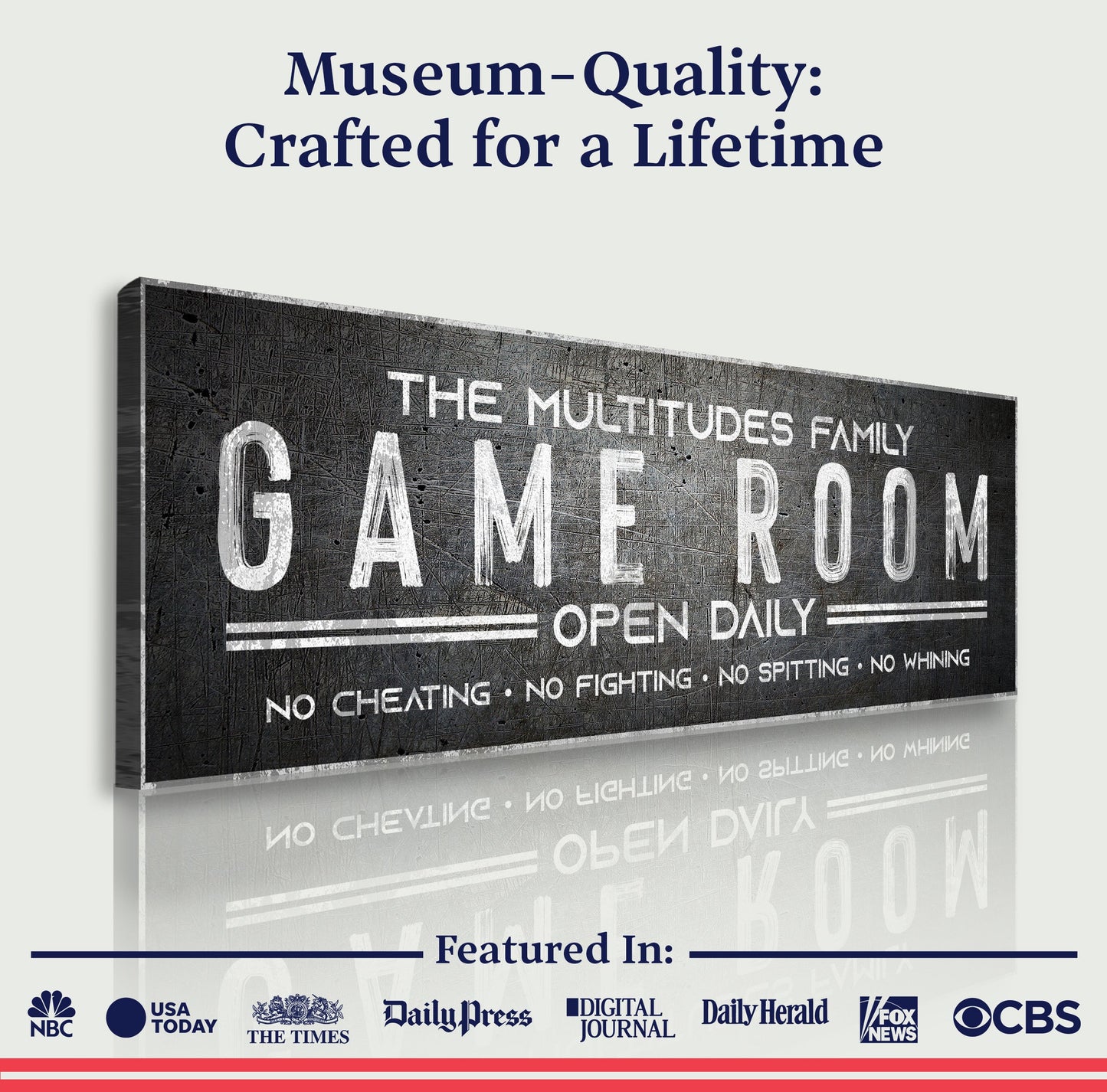 Family Game Room sign canvas with distressed black texture and white GAME ROOM lettering on Tampa Home & Garden Store