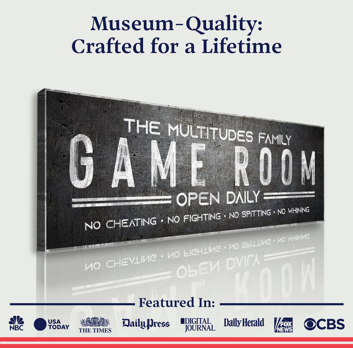 Family Game Room sign canvas with distressed black texture and white GAME ROOM lettering on Tampa Home & Garden Store