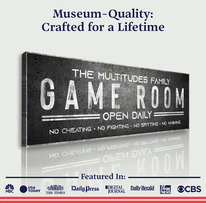 Family Game Room sign canvas with distressed black texture and white GAME ROOM lettering on Tampa Home & Garden Store
