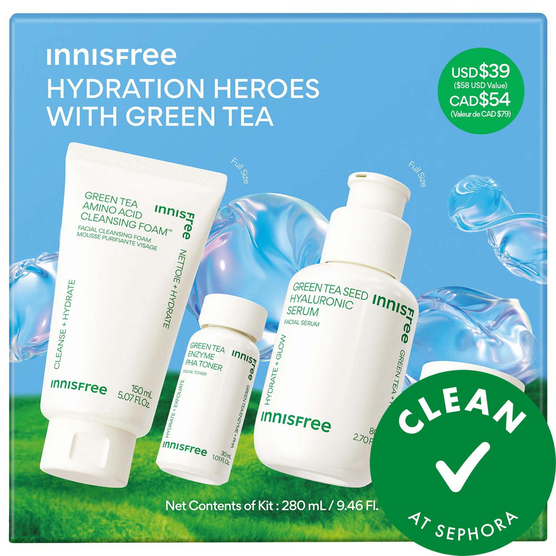 Innisfree Green Tea Hydration Heroes hyaluronic skincare set with white bottles in a blue box on Tampa Home & Garden Store