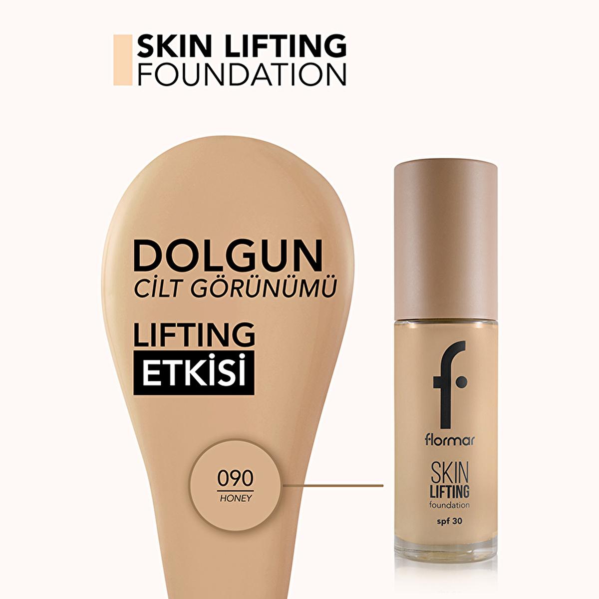 Foundation duo: beige display with 090 Honey shade and Flormar Skin Lifting SPF 30 bottle on Tampa Home & Garden Store