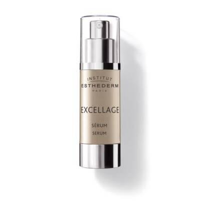 Excellage face serum bottle, Institut Esthederm 30ml, pump-top silver cap, beige label on Tampa Home & Garden Store