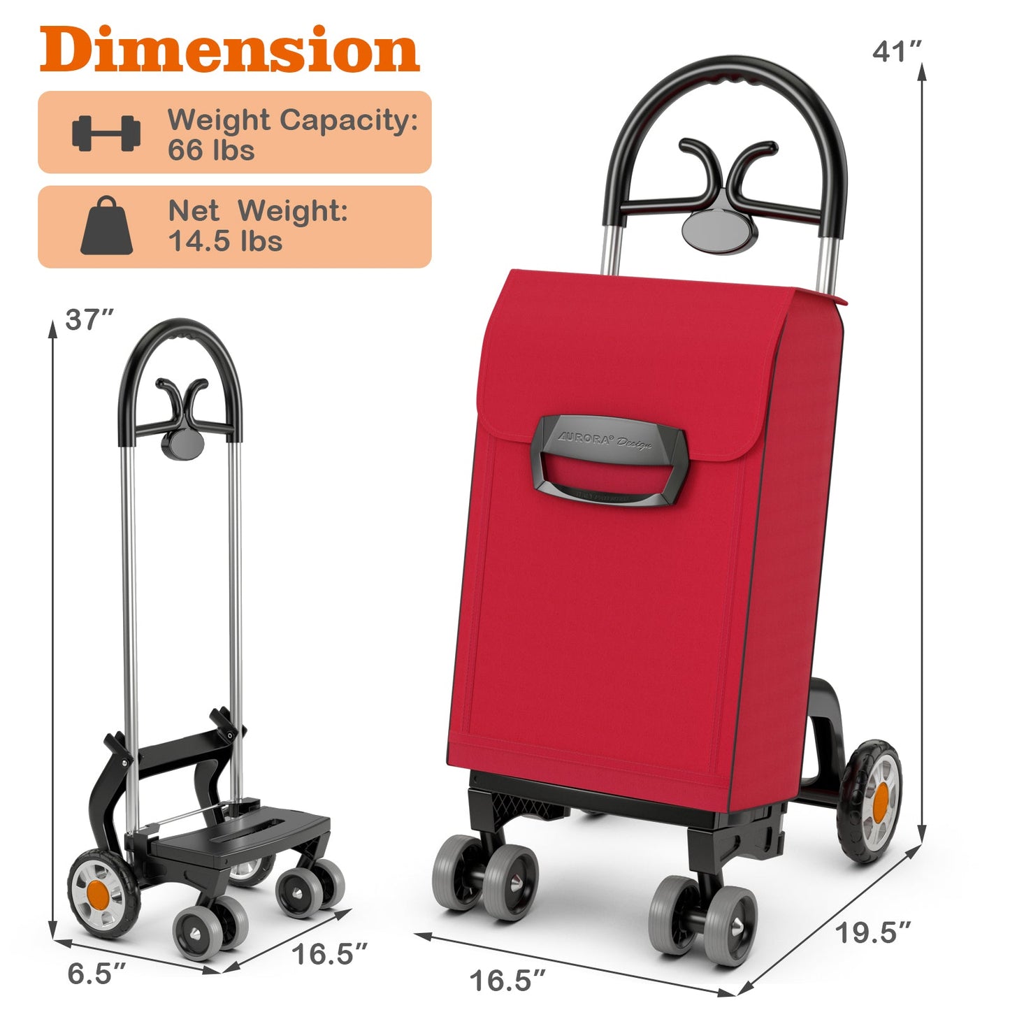 Carrito de compras plegable con ruedas giratorias - Rojo