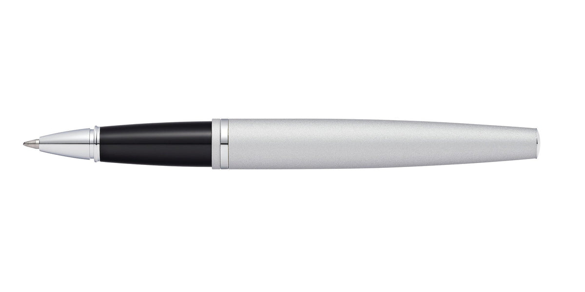 Calais Satin Chrome Rollerball Pen by A.T. Cross, silver body with black grip on Tampa Home & Garden Store