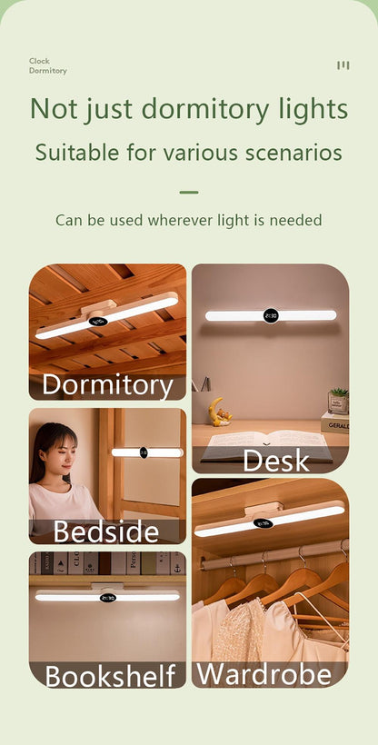 Stevvex USB rechargeable LED desk lamp with clock, bar light shown in dorm, desk, bedside on Tampa Home & Garden Store