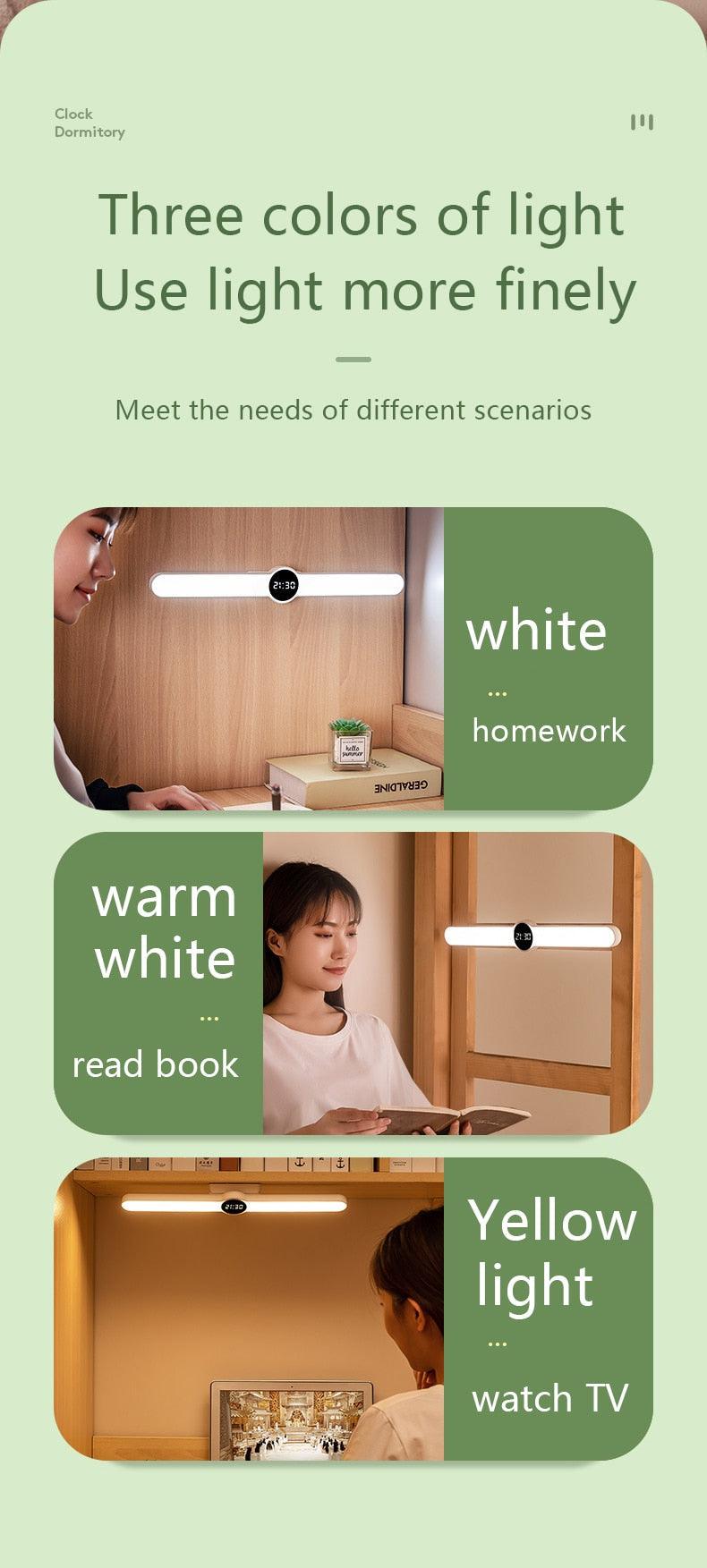Stevvex desk lamp with clock USB rechargeable LED bar three light colors white warm white yellow on Tampa Home & Garden Store