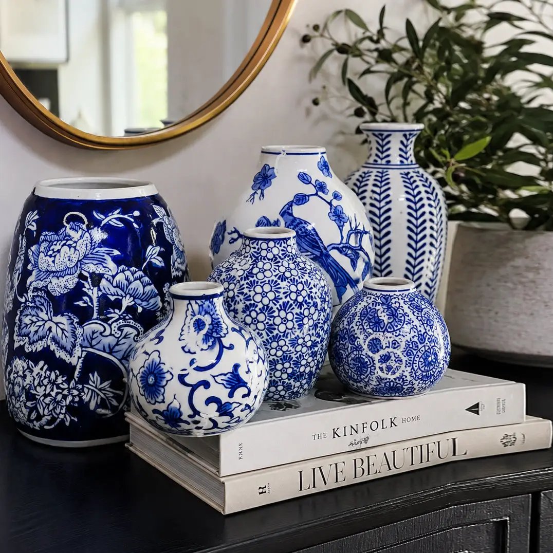 Samira blue porcelain vases set of 6 by Gia Roma with white and blue floral patterns on Tampa Home & Garden Store