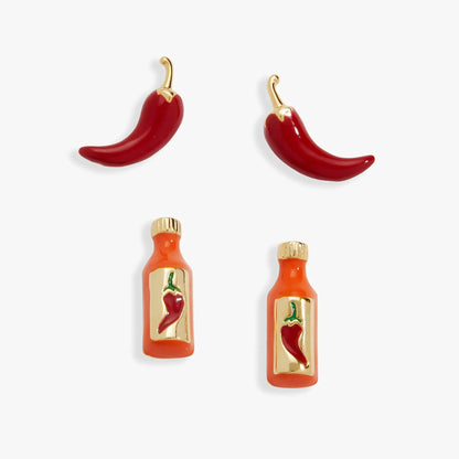 Taco Hot Sauce & Pepper Stud Set by ALEX AND ANI; red peppers and orange bottle charms with caps on Tampa Home & Garden Store