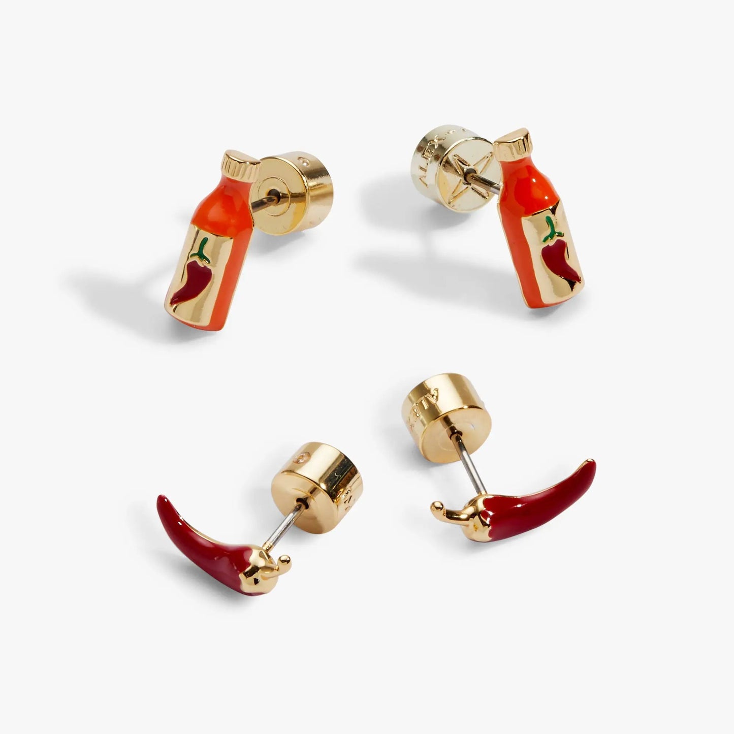 Taco Hot Sauce & Pepper stud earrings by Alex and Ani, gold-tone with red enamel peppers on Tampa Home & Garden Store