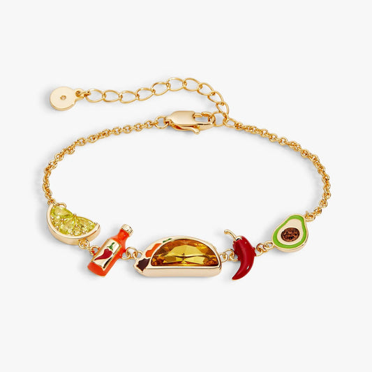 Taco Inline Charm Bracelet by ALEX AND ANI with enamel taco charms on a gold-tone chain on Tampa Home & Garden Store