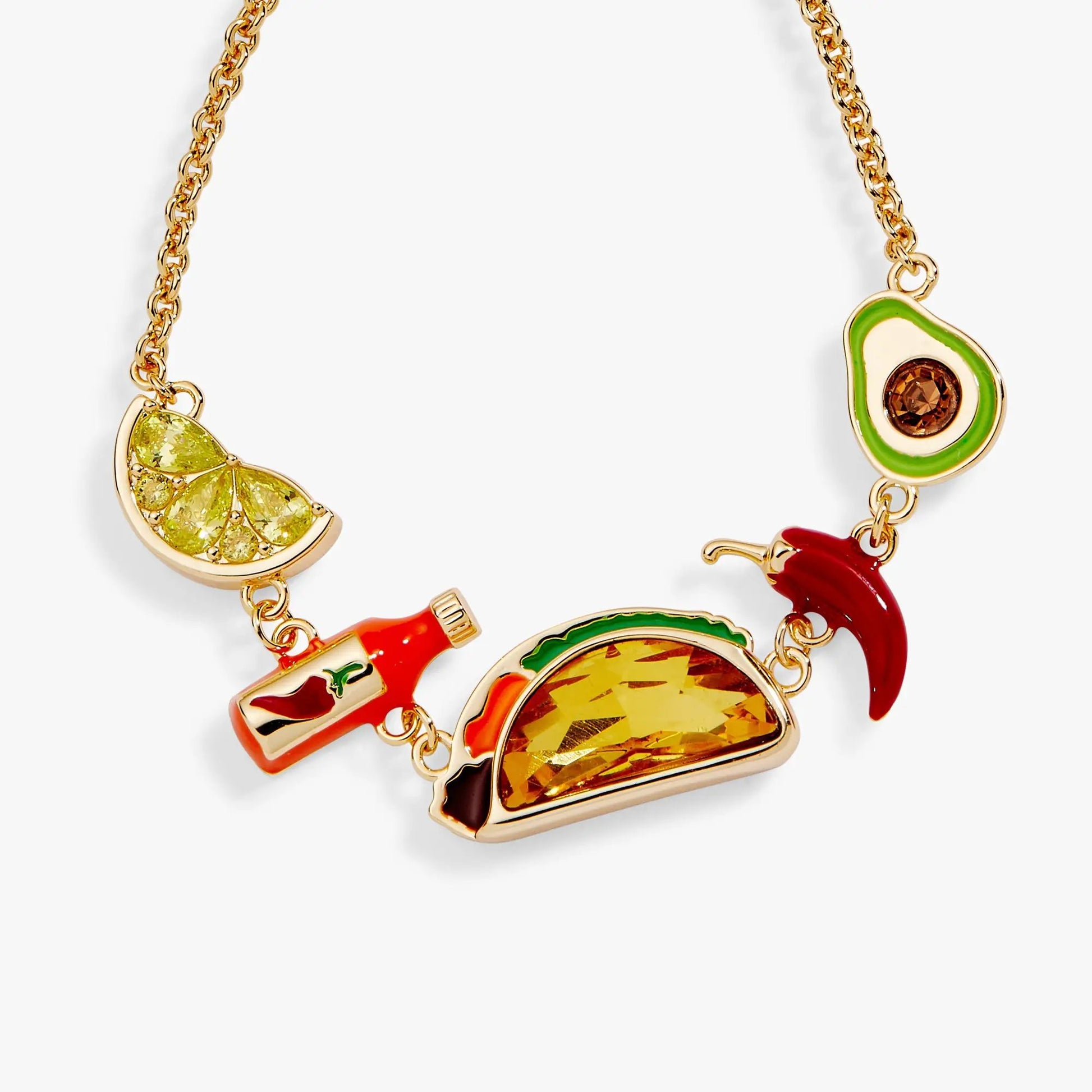 Taco inline charm bracelet by Alex and Ani with gold-tone chain and colorful enamel charms on Tampa Home & Garden Store