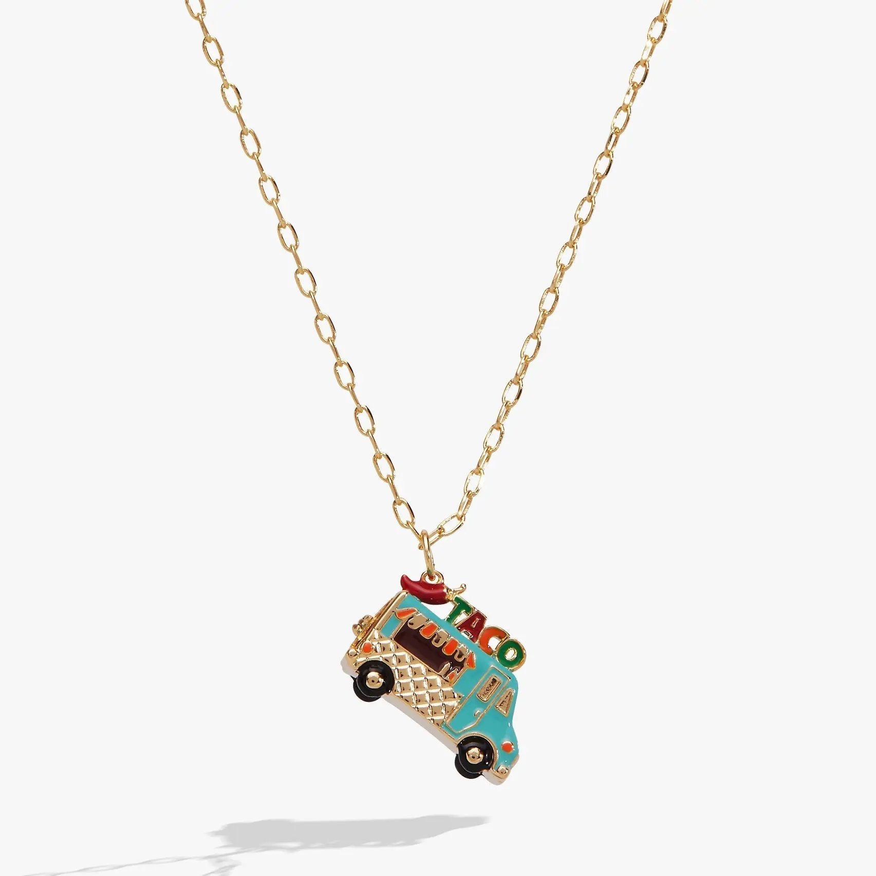 Taco Truck Locket Necklace with gold-tone chain and turquoise enamel taco truck pendant on Tampa Home & Garden Store