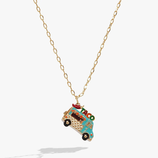 Taco Truck Locket Necklace with gold-tone chain and turquoise enamel taco truck pendant on Tampa Home & Garden Store