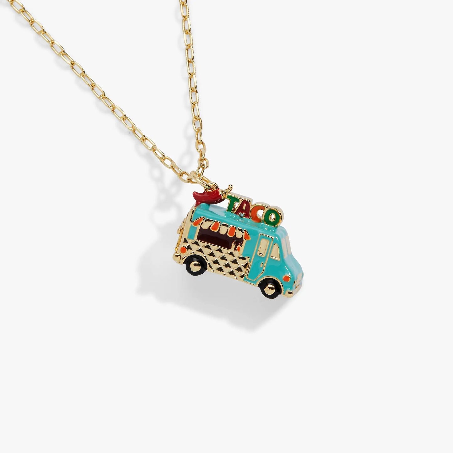 Taco Truck Locket Necklace on a gold-tone chain turquoise enamel truck charm on Tampa Home & Garden Store