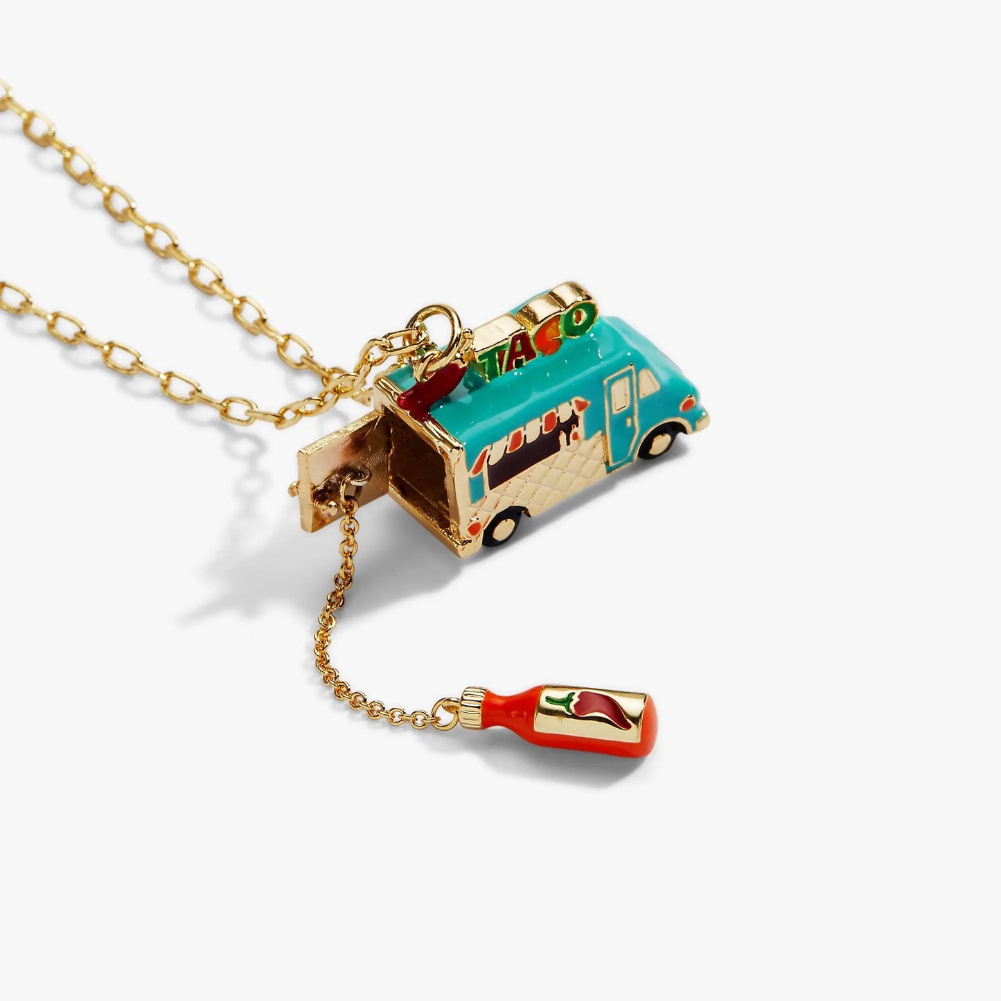 Alex and Ani Taco Truck Locket Necklace with turquoise enamel taco truck pendant on a gold chain on Tampa Home & Garden Store