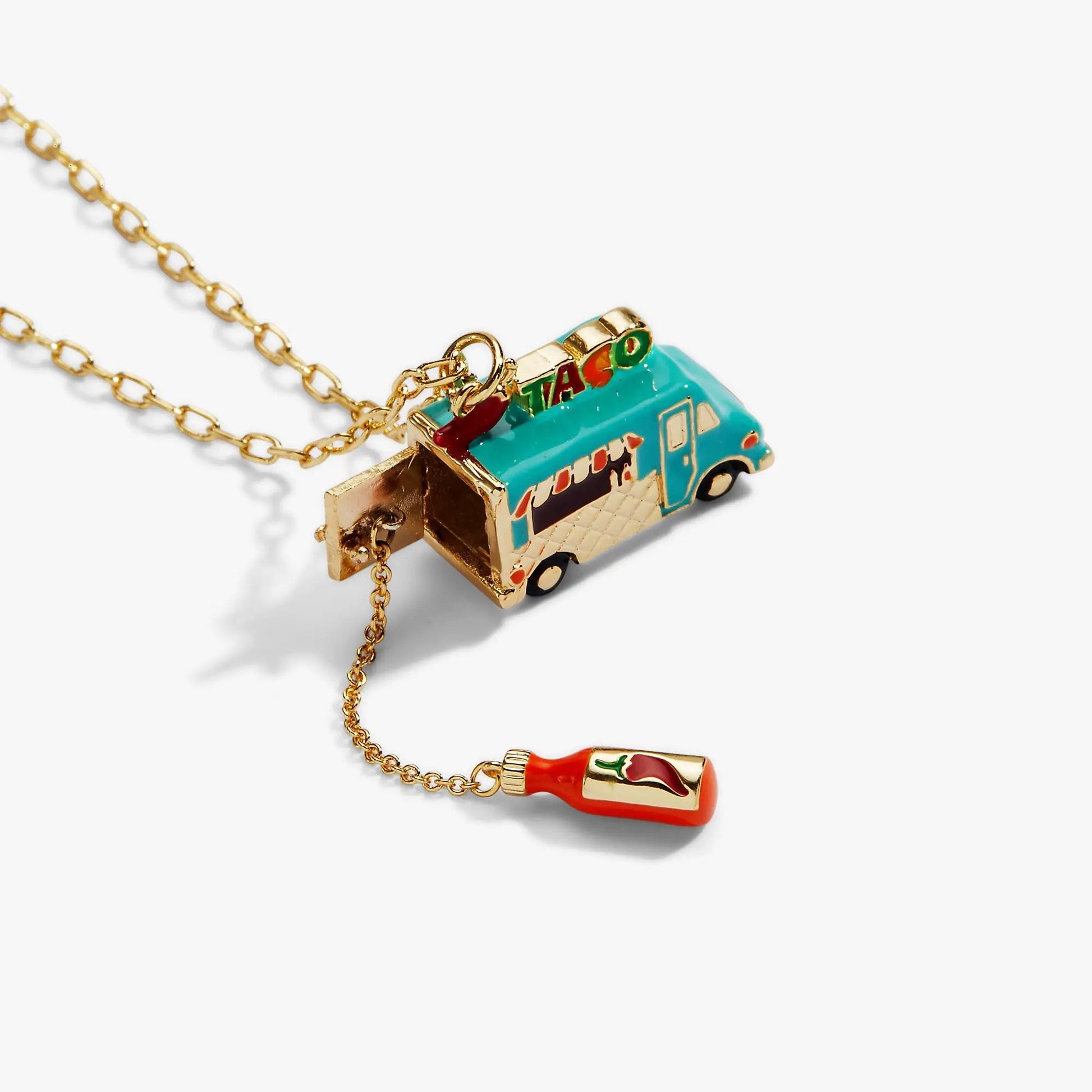 Alex and Ani Taco Truck Locket Necklace with turquoise enamel taco truck pendant on a gold chain on Tampa Home & Garden Store