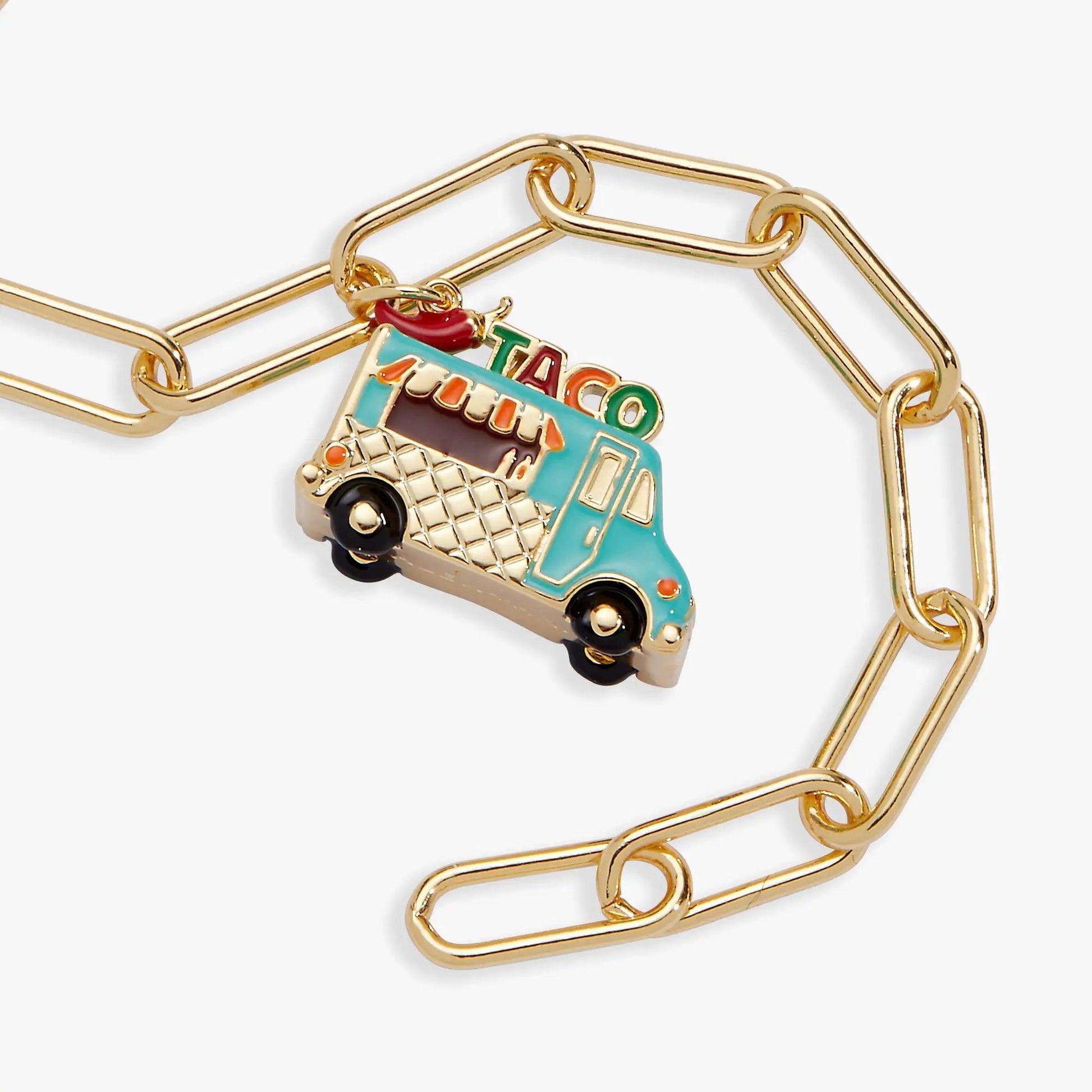 Taco Truck Toggle Bracelet by ALEX AND ANI with gold-tone chain and enamel turquoise taco charm on Tampa Home & Garden Store