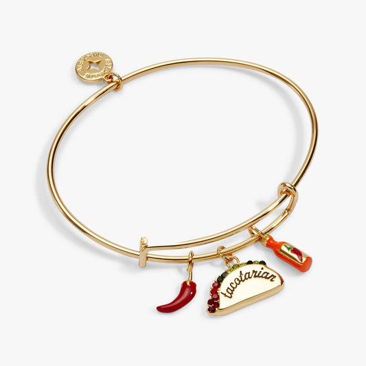 Tacotarian Multi Charm Bangle by ALEX AND ANI, gold-tone bracelet with taco chili charms on Tampa Home & Garden Store