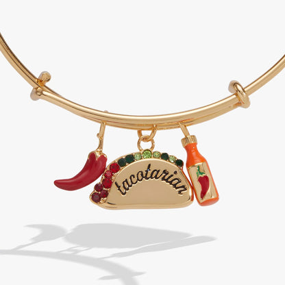 Tacotarian Multi Charm Bangle in gold-tone with red chili pepper and taco charm on Tampa Home & Garden Store