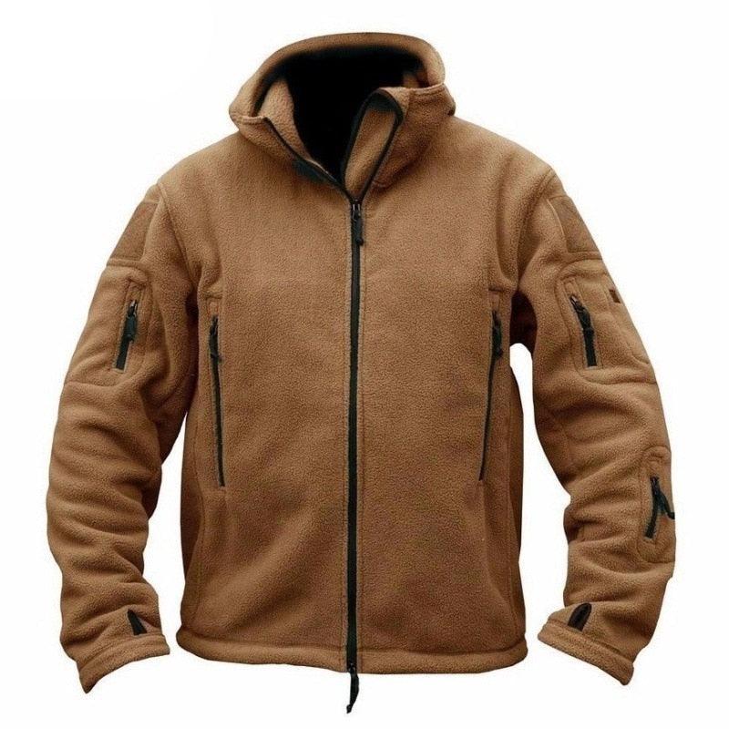 Stevvex tactical outdoor jacket brown fleece hooded with multiple zip pockets on Tampa Home & Garden Store
