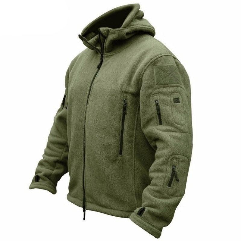 Stevvex men's tactical outdoor jacket olive green fleece with hood and multiple zip pockets on Tampa Home & Garden Store