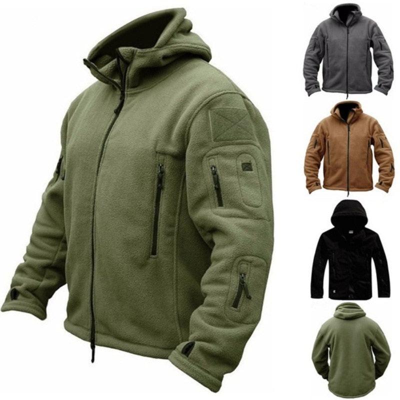 Stevvex tactical jacket fleece green with multiple zip pockets; outdoor hooded sport jacket on Tampa Home & Garden Store