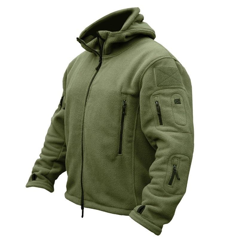 Stevvex olive green tactical fleece jacket with hood and multiple zip pockets on Tampa Home & Garden Store