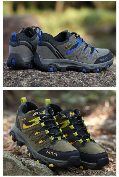 Stevvex tactical hiking shoes, two gray-blue waterproof and olive-green sneakers, rugged soles on Tampa Home & Garden Store
