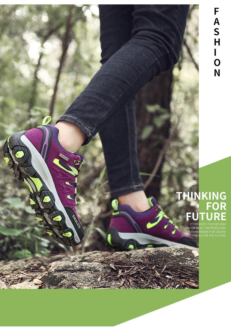 Stevvex athletic hiking shoes, purple with neon lime accents, rugged outsole, two shown on Tampa Home & Garden Store