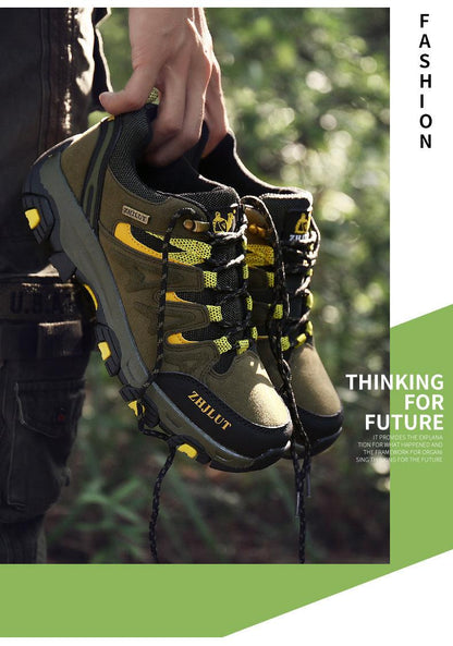Tactical outdoor hiking shoes by Stevvex olive green with yellow accents, non-slip sole on Tampa Home & Garden Store