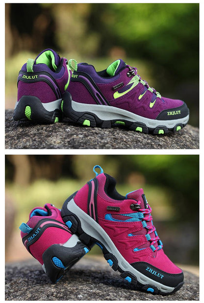 Stevvex waterproof hiking shoes, unisex athletic, two colorways: purple-green and pink-blue on Tampa Home & Garden Store