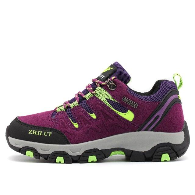 Stevvex waterproof hiking shoe, purple with neon lime accents, rugged non-slip outsole on Tampa Home & Garden Store
