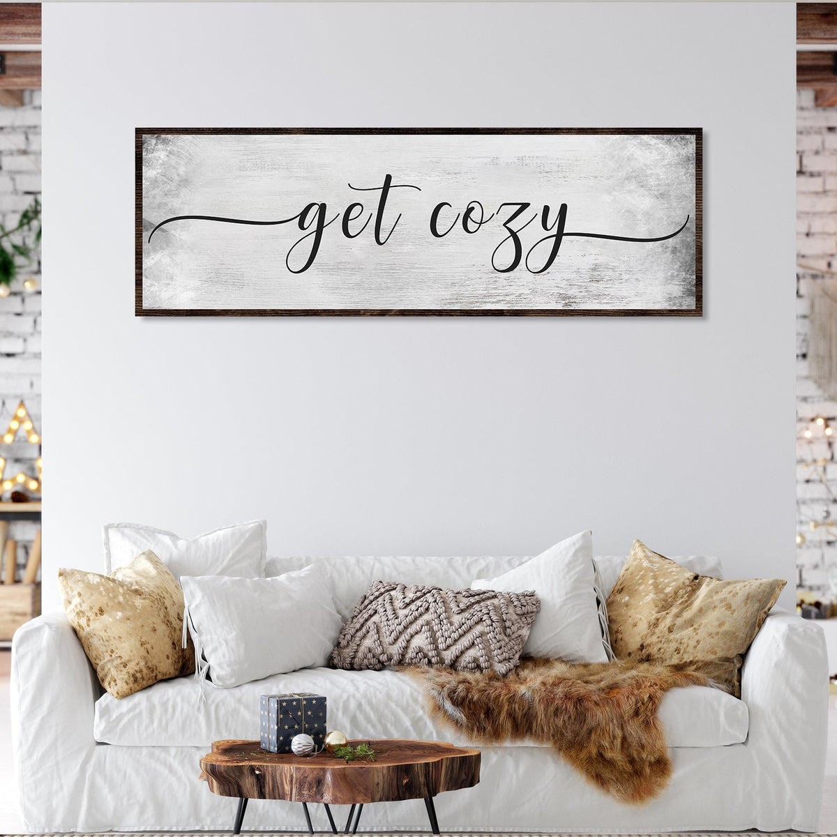Get Cozy Canvas Wall Art by Tailored Canvases, distressed white finish with dark wood frame on Tampa Home & Garden Store