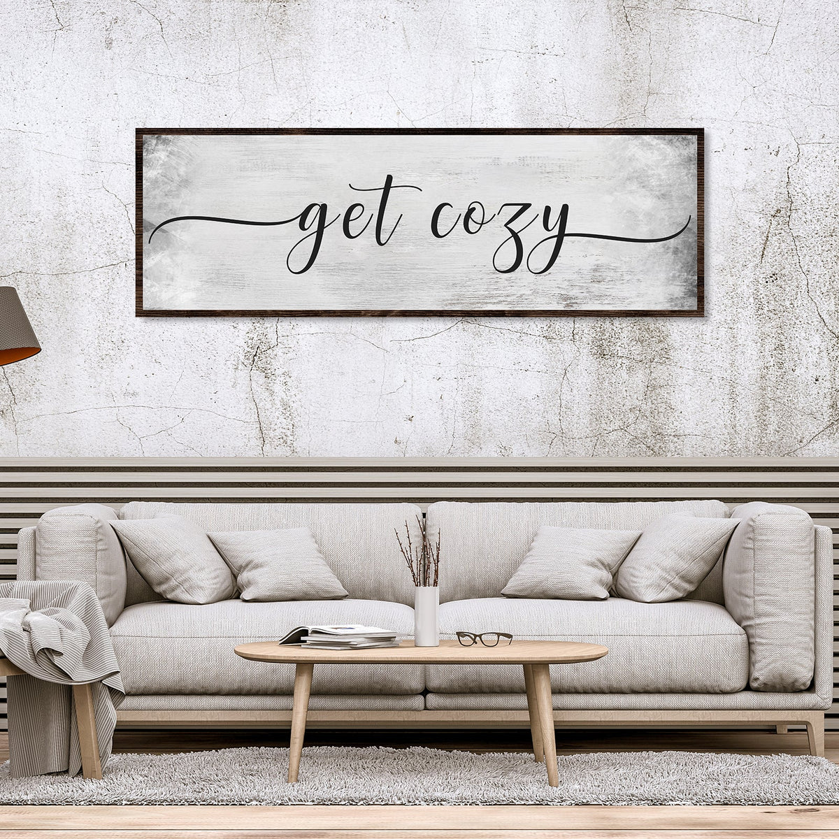 Get Cozy Canvas Wall Art by Tailored Canvases, grey distressed backdrop with dark wood frame on Tampa Home & Garden Store