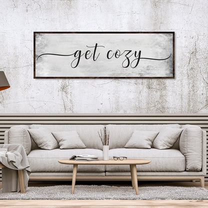 Get Cozy Canvas Wall Art by Tailored Canvases, grey distressed backdrop with dark wood frame on Tampa Home & Garden Store