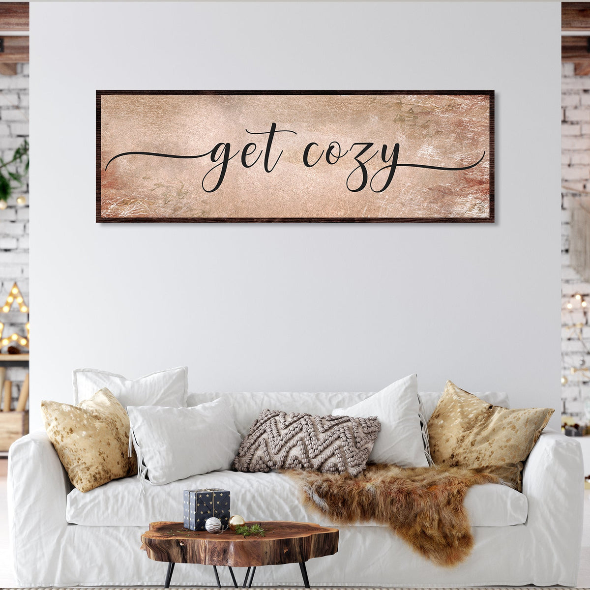 Get Cozy Canvas wall art with tan textured background and black cursive text framed in dark wood on Tampa Home & Garden Store