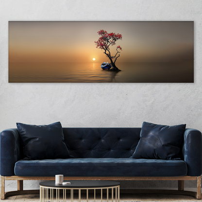 Alone Tree Canvas Wall Art IV; sunset over calm water with blossoming tree on island. on Tampa Home & Garden Store