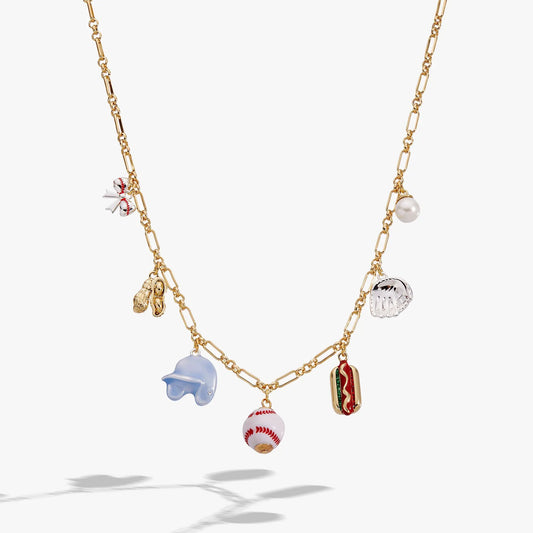Take Me Out to the Ballgame necklace by Alex and Ani with baseball charms on gold chain on Tampa Home & Garden Store
